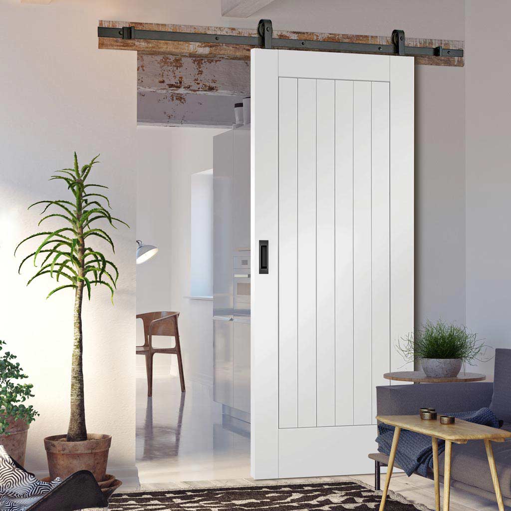 Top Mounted Black Sliding Track & Door - Suffolk Flush Door - White Primed