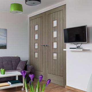 Image: Prefinished Bespoke Contemporary Suffolk Oak 4L Glazed Door Pair - Choose Your Colour