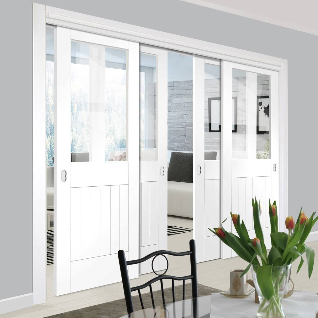 Four Sliding Doors and Frame Kit - Suffolk Door - Clear Glass - White Primed