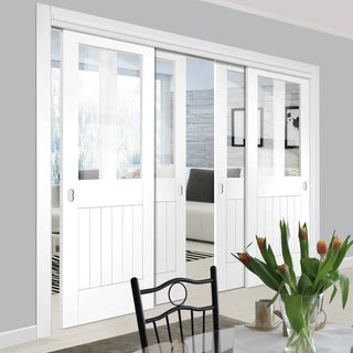 Image: Four Sliding Doors and Frame Kit - Suffolk Door - Clear Glass - White Primed