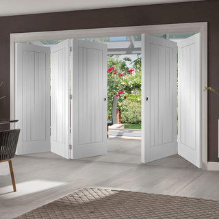 Image: Bespoke Thrufold Suffolk Flush White Primed Folding 3+2 Door