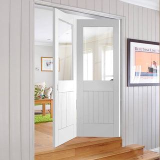 Image: Bespoke Thrufold Suffolk White Primed Glazed Folding 2+0 Door