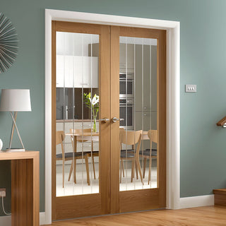 Image: Suffolk Oak Door Pair - Etched Lined Clear Glass