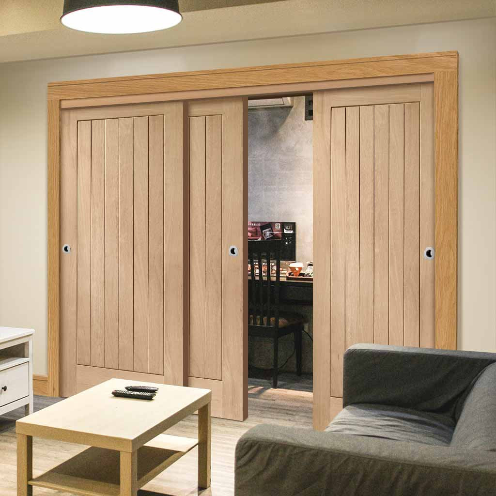 Three Sliding Doors and Frame Kit - Suffolk Oak Door - Prefinished