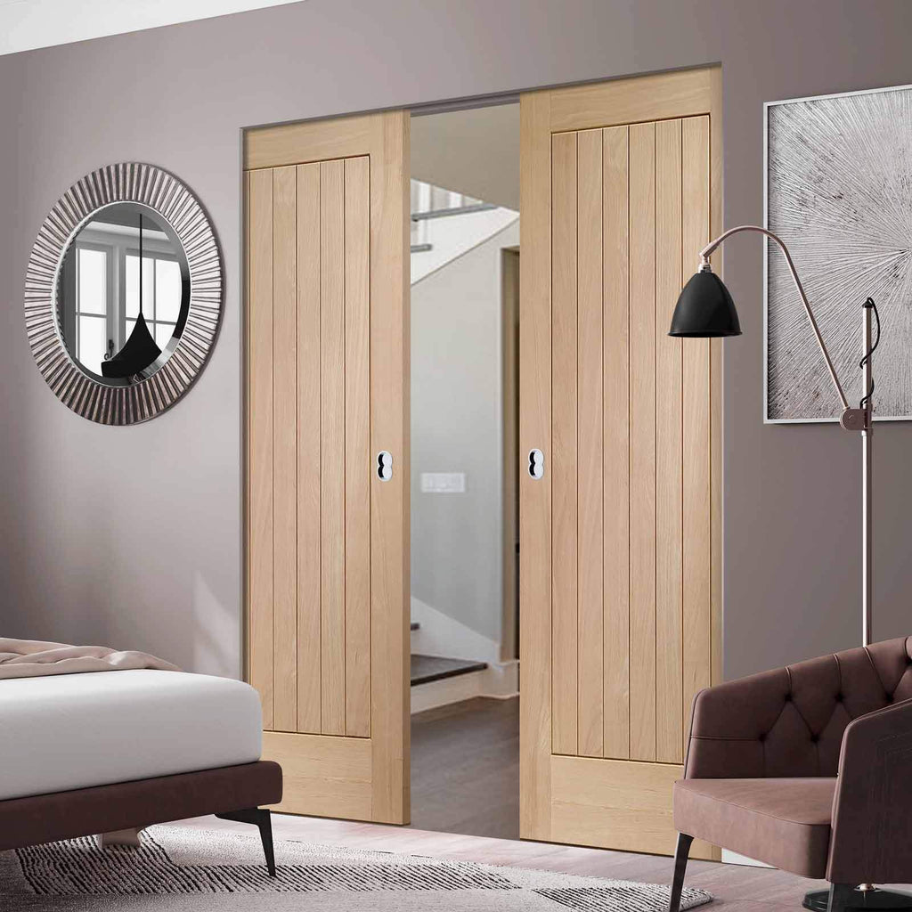 Bespoke Suffolk Oak Double Frameless Pocket Door - Vertical Lining