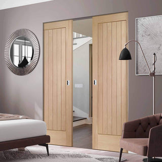 Image: Bespoke Suffolk Oak Double Frameless Pocket Door - Vertical Lining