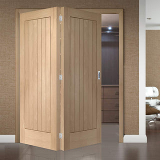 Image: Bespoke Thrufold Suffolk Oak Folding 2+0 Door - Vertical Lining - Prefinished