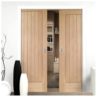 Image: Bespoke Suffolk Oak Double Pocket Door - Vertical Lining - Prefinished
