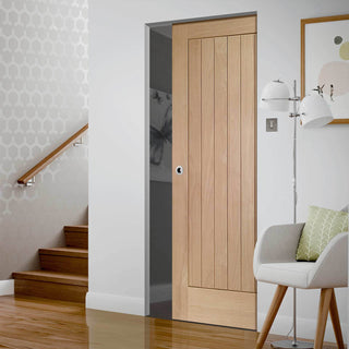 Image: Bespoke Suffolk Oak Single Frameless Pocket Door - Vertical Lining - Prefinished