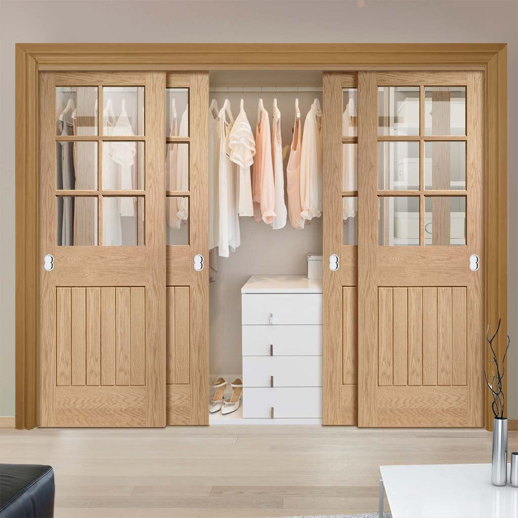 Bespoke Thruslide Suffolk Oak 6 Pane Glazed 4 Door Wardrobe and Frame Kit - Prefinished