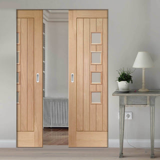 Image: Bespoke Contemporary Suffolk Oak 4L Glazed Double Frameless Pocket Door