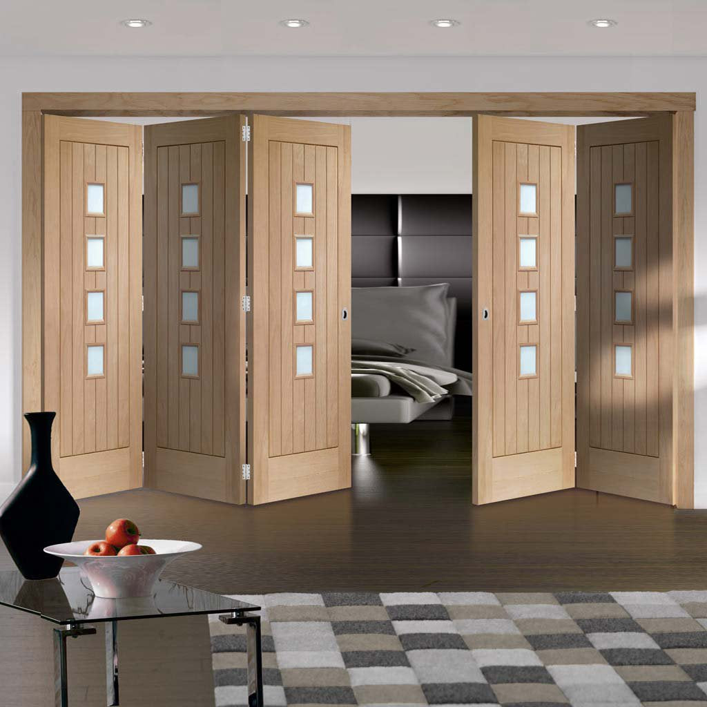 Bespoke Thrufold Contemporary Suffolk Oak 4 Pane Glazed Folding 3+2 Door