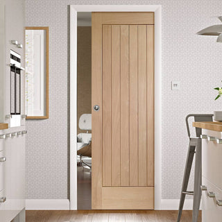 Image: Bespoke Suffolk Oak Single Pocket Door - Vertical Lining - Prefinished