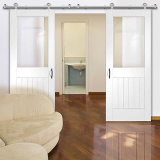 Image: Sirius Tubular Stainless Steel Sliding Track & Suffolk Double Door - Clear Glass - White Primed