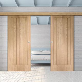 Image: Double Sliding Door & Wall Track - Suffolk Statement Solid Oak Door - Unfinished