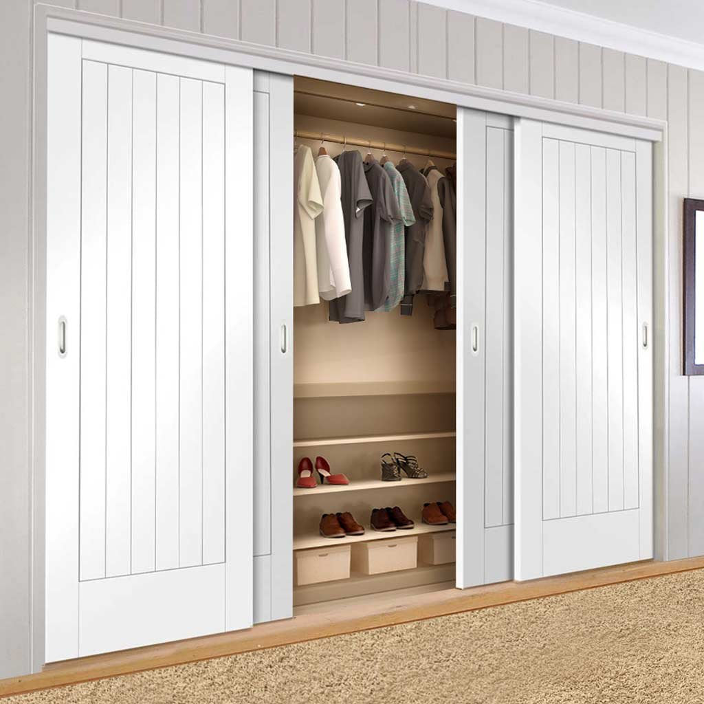 Four Sliding Wardrobe Doors & Frame Kit - Suffolk Flush Door - White Primed
