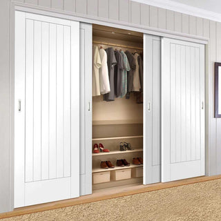 Image: Four Sliding Wardrobe Doors & Frame Kit - Suffolk Flush Door - White Primed