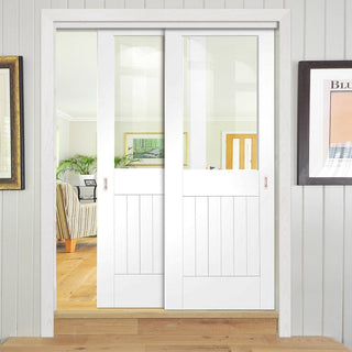 Image: Two Sliding Doors and Frame Kit - Suffolk Door - Clear Glass - White Primed