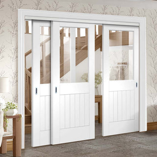 Image: Three Sliding Doors and Frame Kit - Suffolk Door - Clear Glass - White Primed