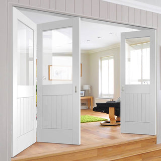 Image: Three Folding Doors & Frame Kit - Suffolk 2+1 - Clear Glass - White Primed