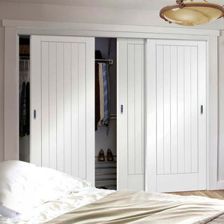 Image: Three Sliding Wardrobe Doors & Frame Kit - Suffolk Flush Door - White Primed