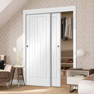 Image: Two Sliding Wardrobe Doors & Frame Kit - Suffolk Flush Door - White Primed