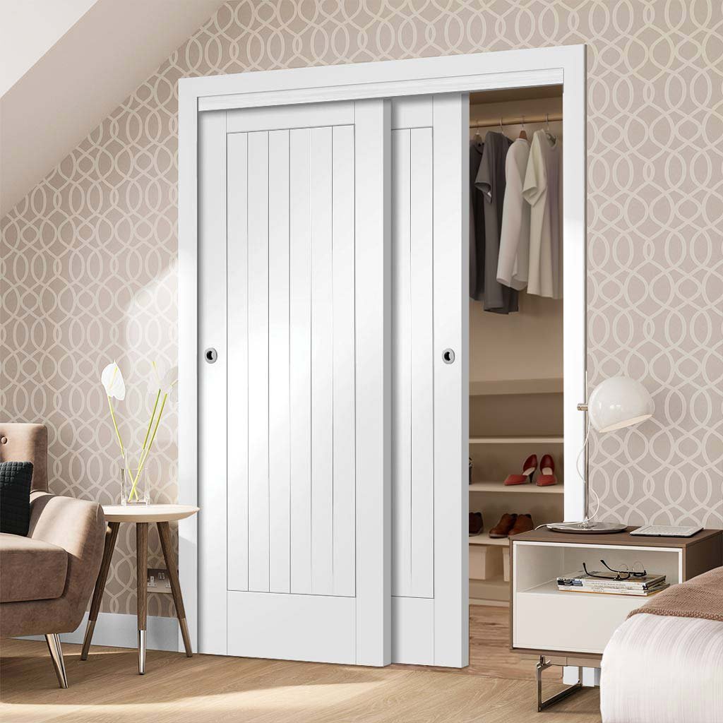 Minimalist Wardrobe Door & Frame Kit - Two Suffolk Flush Doors - White Primed