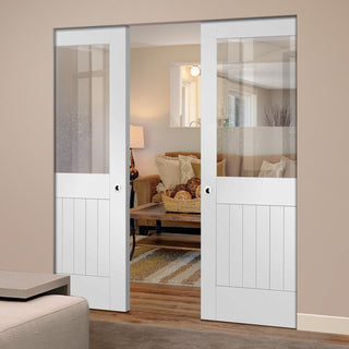 Image: Bespoke Suffolk White Primed Glazed Double Frameless Pocket Door