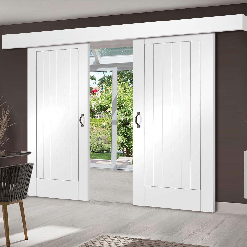 Bespoke Thruslide Surface Suffolk Flush - Sliding Double Door and Track Kit - White Primed