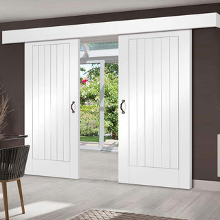 Image: Bespoke Thruslide Surface Suffolk Flush - Sliding Double Door and Track Kit - White Primed