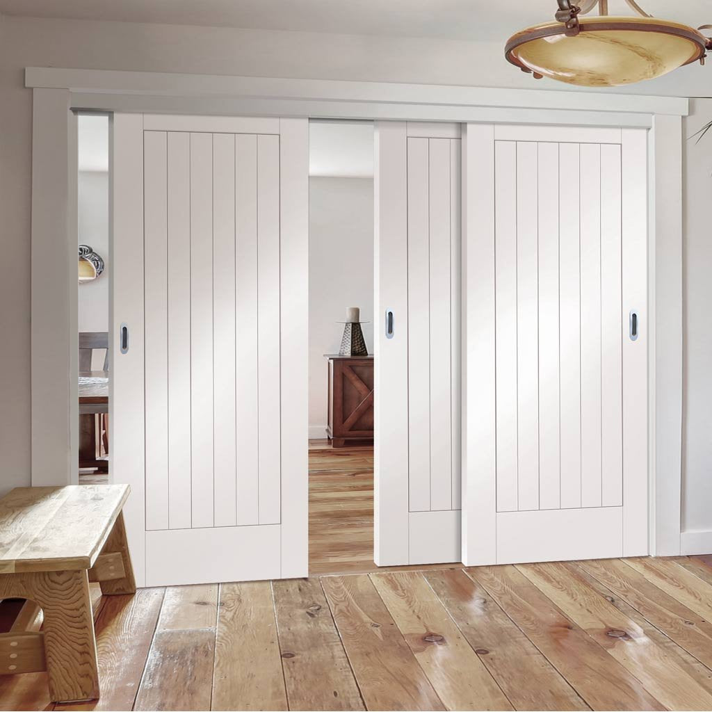 Three Sliding Doors and Frame Kit - Suffolk Flush Door - White Primed
