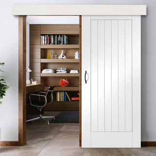 Image: Single Sliding Door & Wall Track - Suffolk Flush Door - White Primed