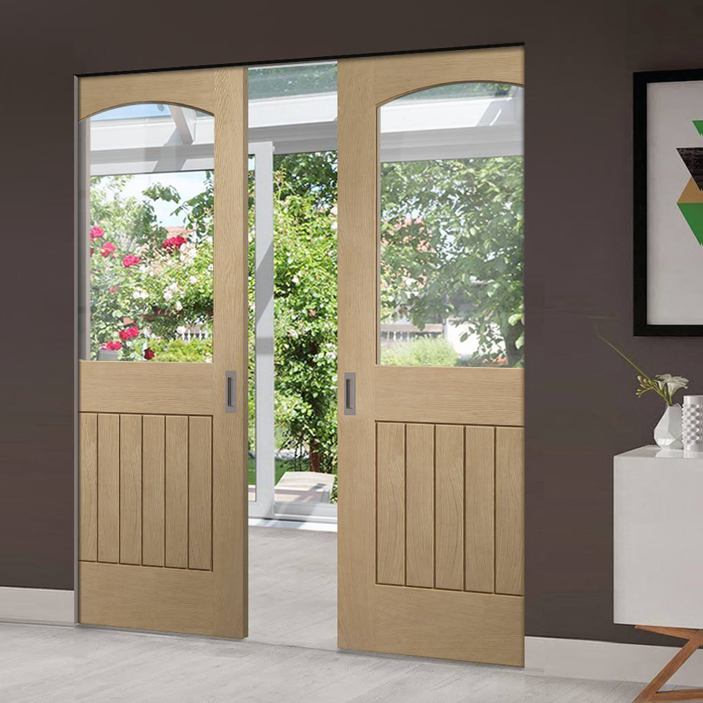 Sussex Oak Absolute Evokit Pocket Double Pocket Door - 1 Pane Clear Glass - Lining Effect Both Sides