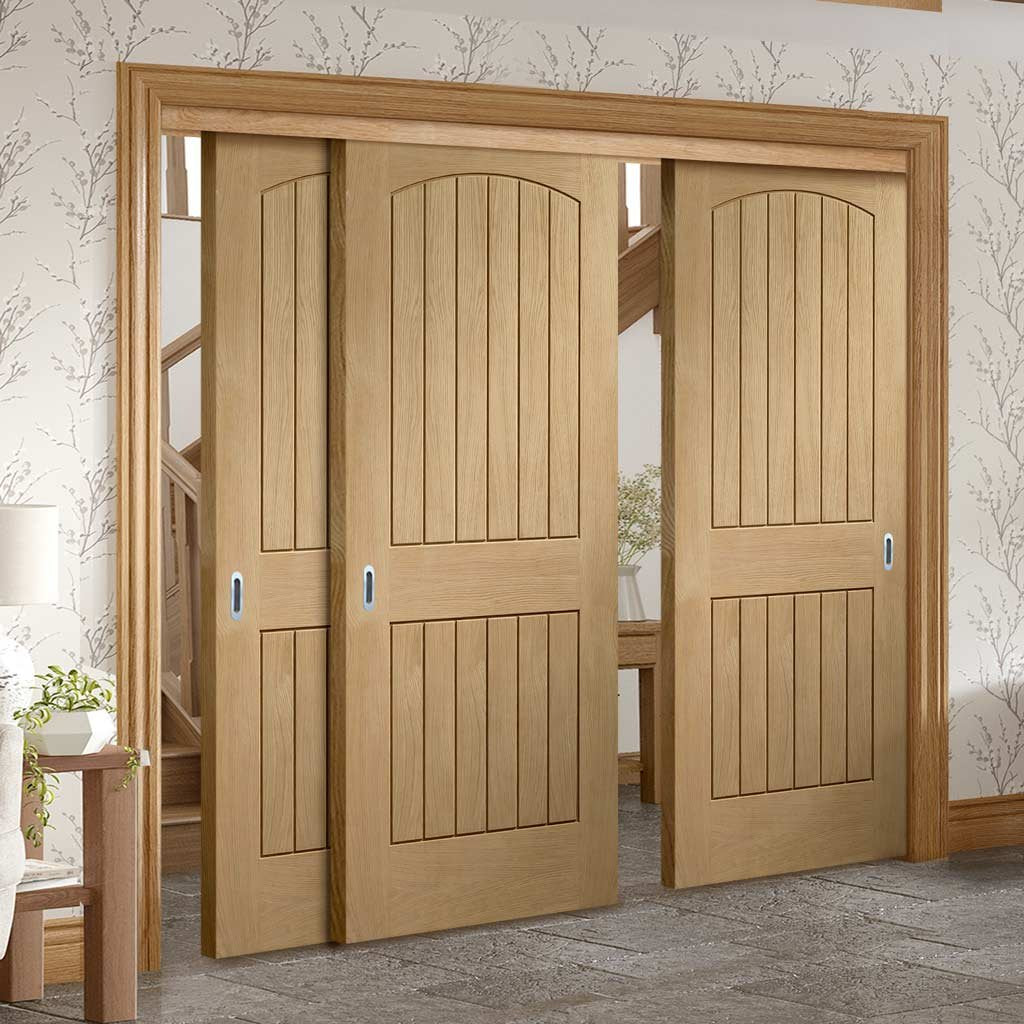 Three Sliding Doors and Frame Kit - Sussex Oak Door - Lining Effect Both Sides - Unfinished