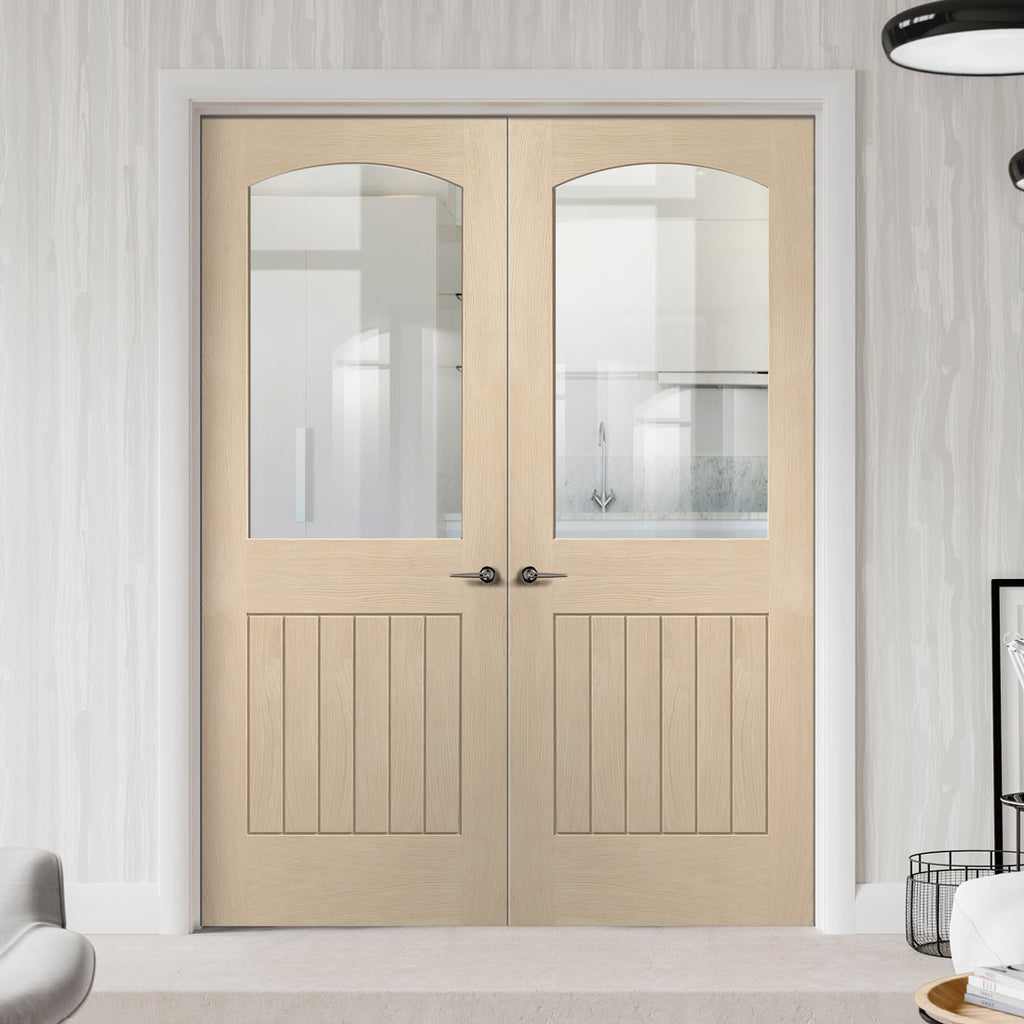 Prefinished Sussex Oak Door Pair - Clear Glass - Lining Effect Both Sides - Choose Your Colour