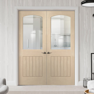 Image: Prefinished Sussex Oak Door Pair - Clear Glass - Lining Effect Both Sides - Choose Your Colour