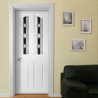 Image: White PVC swept top door with grained faces ebony jet style toughened glass 