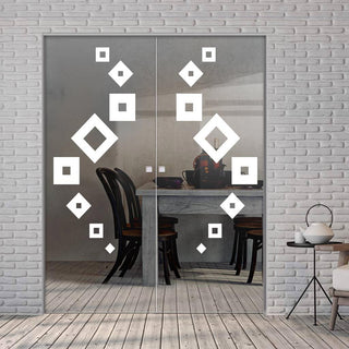 Image: Geometric Swirl 8mm Clear Glass - Obscure Printed Design - Double Absolute Pocket Door