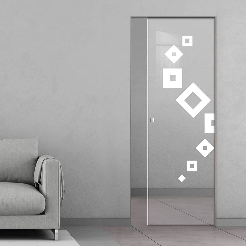 Geometric Swirl 8mm Clear Glass - Obscure Printed Design - Single Absolute Pocket Door