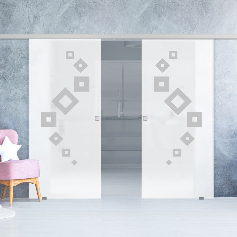 Double Glass Sliding Door - Geometric Swirl 8mm Obscure Glass - Obscure Printed Design with Elegant Track