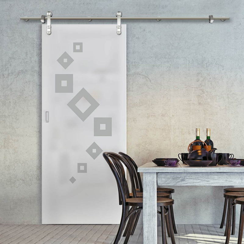 Single Glass Sliding Door - Solaris Tubular Stainless Steel Sliding Track & Geometric Swirl 8mm Obscure Glass - Obscure Printed Design
