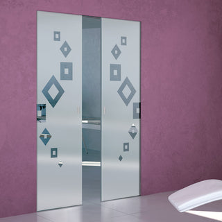 Image: Geometric Swirl 8mm Obscure Glass - Clear Printed Design - Double Absolute Pocket Door