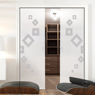 Image: Geometric Swirl 8mm Obscure Glass - Obscure Printed Design - Double Evokit Glass Pocket Door