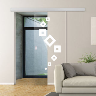Image: Single Glass Sliding Door - Geometric Swirl 8mm Clear Glass - Obscure Printed Design with Elegant Track