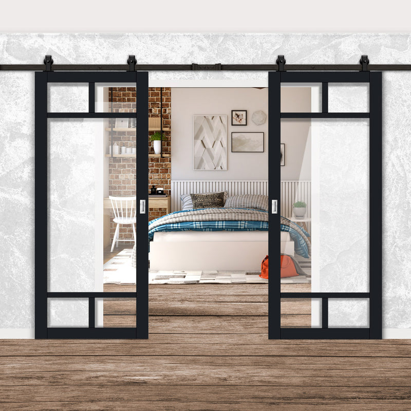 Top Mounted Black Sliding Track & Solid Wood Double Doors - Eco-Urban® Sydney 5 Pane Doors DD6417G Clear Glass - Shadow Black Premium Primed