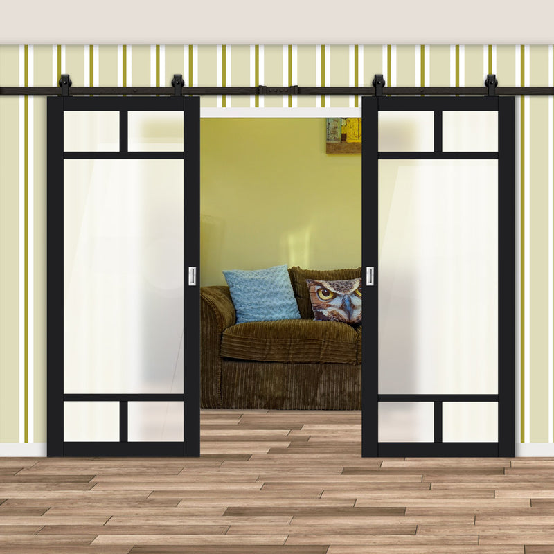 Top Mounted Black Sliding Track & Solid Wood Double Doors - Eco-Urban® Sydney 5 Pane Doors DD6417SG Frosted Glass - Shadow Black Premium Primed