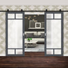 Top Mounted Black Sliding Track & Solid Wood Double Doors - Eco-Urban® Sydney 5 Pane Doors DD6417SG Frosted Glass - Stormy Grey Premium Primed