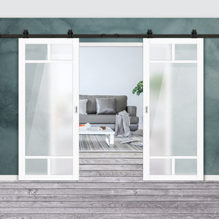 Image: Top Mounted Black Sliding Track & Solid Wood Double Doors - Eco-Urban® Sydney 5 Pane Doors DD6417SG Frosted Glass - Cloud White Premium Primed