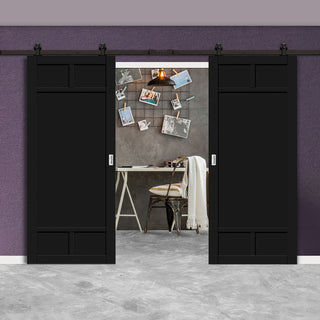 Image: Top Mounted Black Sliding Track & Solid Wood Double Doors - Eco-Urban® Sydney 5 Panel Doors DD6417 - Shadow Black Premium Primed