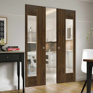 Image: Axis Shaker Walnut Absolute Evokit Double Pocket Doors - Clear Glass - Prefinished